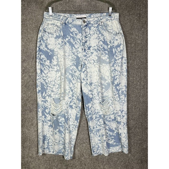 Eloquii Elements Floral Distressed Baggy Wide Leg Cropped Jeans‎ Womens Size 14 - Picture 1 of 16